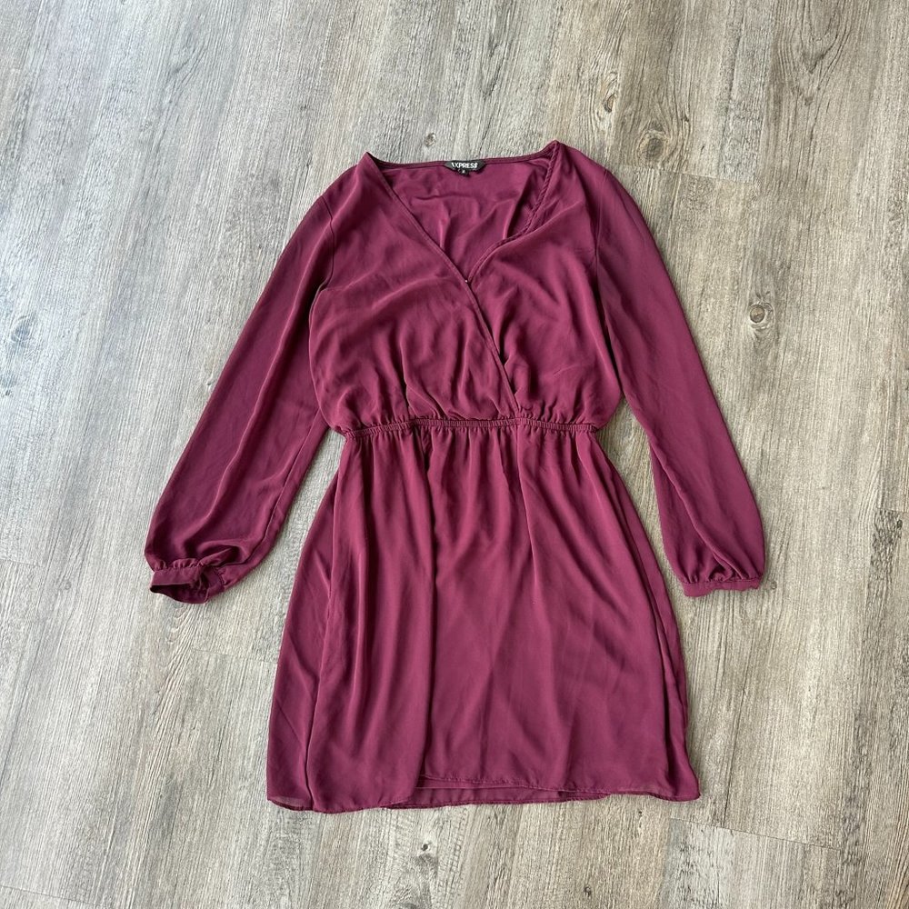 Express Long Sleeve Wrap Top Dress - Purple / Burgundy Red - Medium